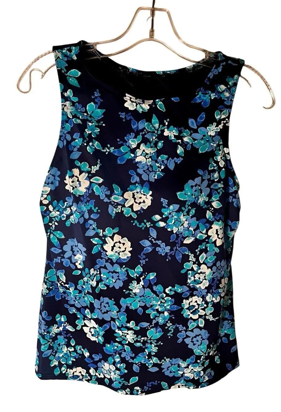 Lands End Tankini Top High Neck Molded Cups Floral Navy Blue Size 10